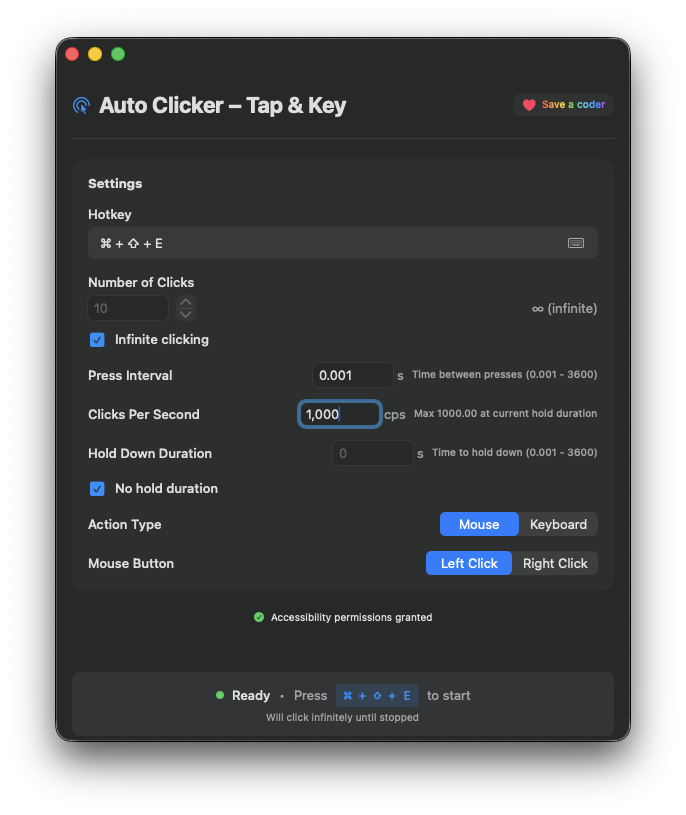 Auto Clicker mouse mode — infinite clicks at 1000 CPS